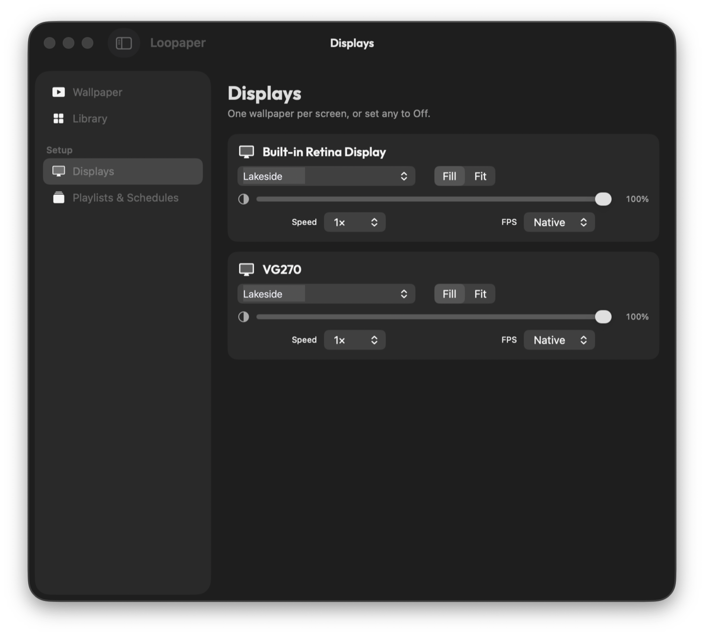 Loopaper's Displays page: per-screen settings for fill or fit, brightness, playback speed, and frame rate.