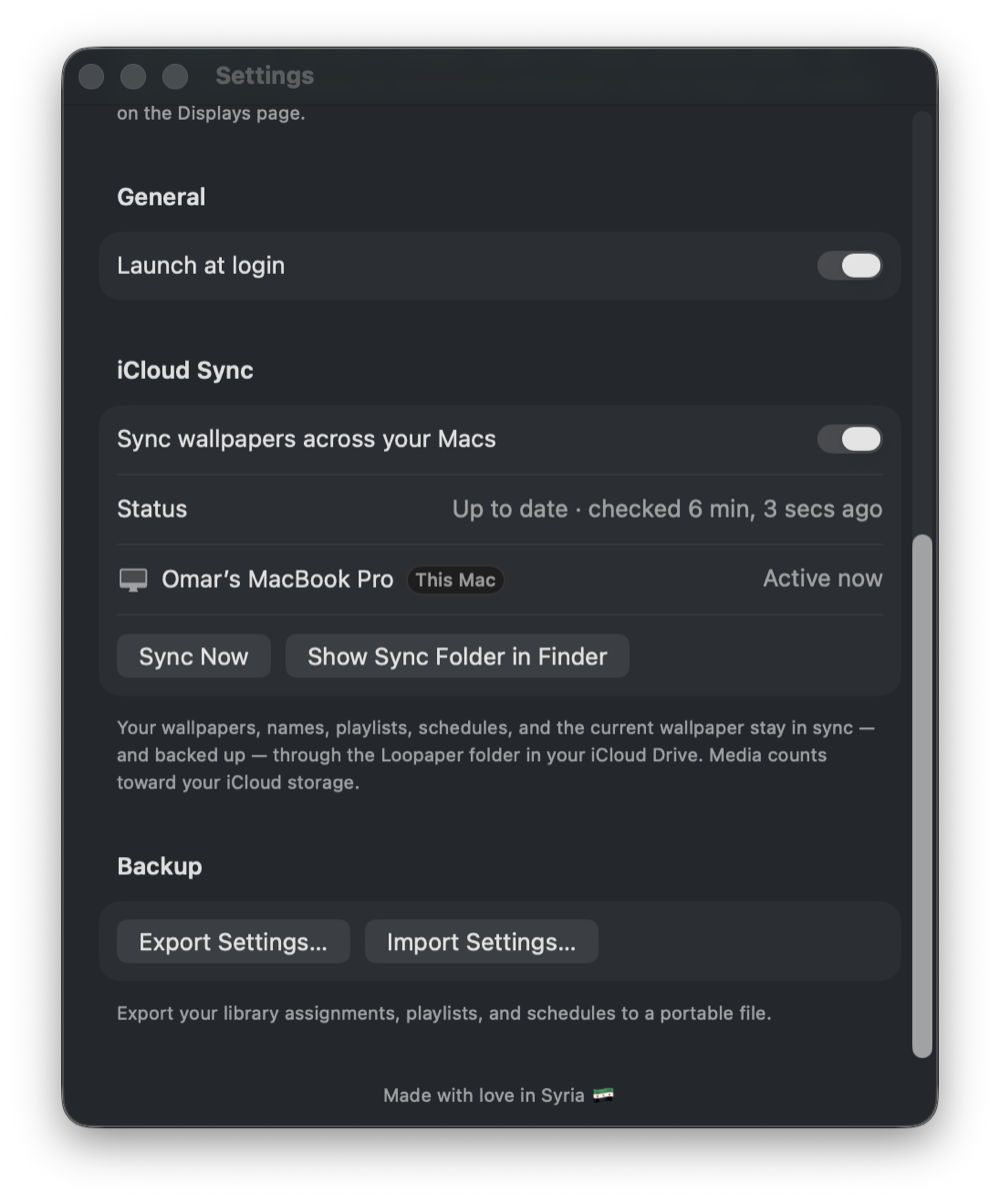 Loopaper's Settings: launch at login, iCloud sync across your Macs, and settings backup.