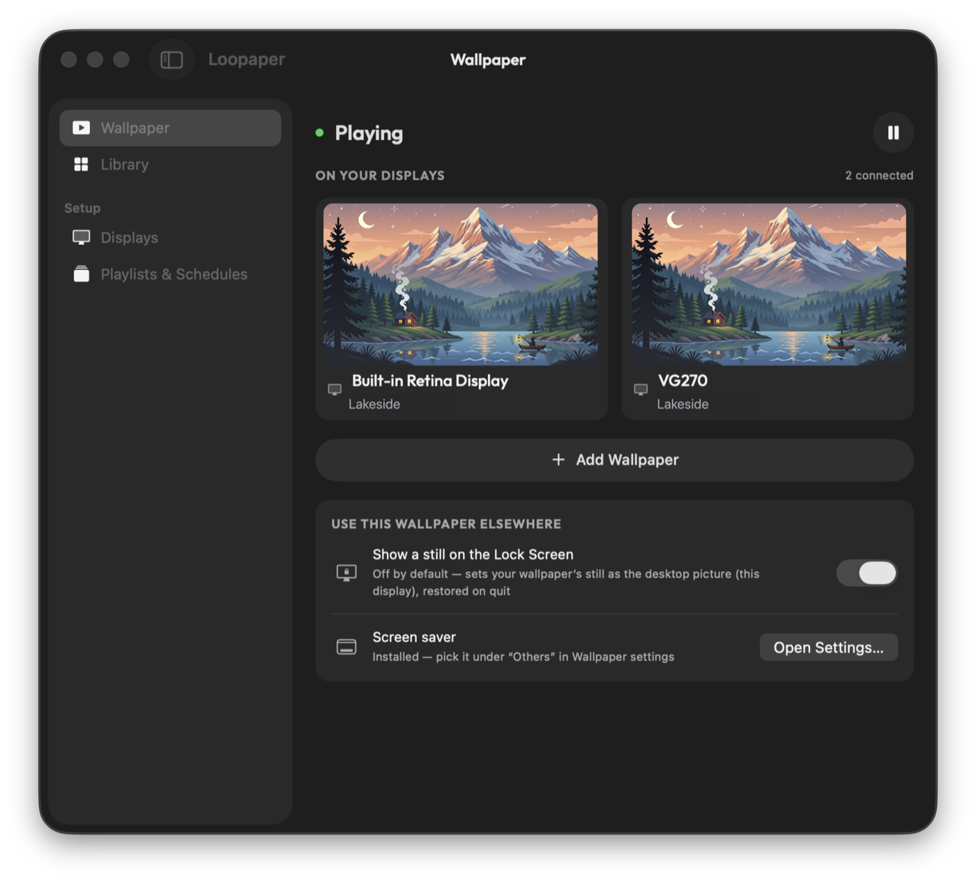 Loopaper's Wallpaper page: a live wallpaper preview shown on two displays, with controls to set a still on the lock screen and the companion screen saver.